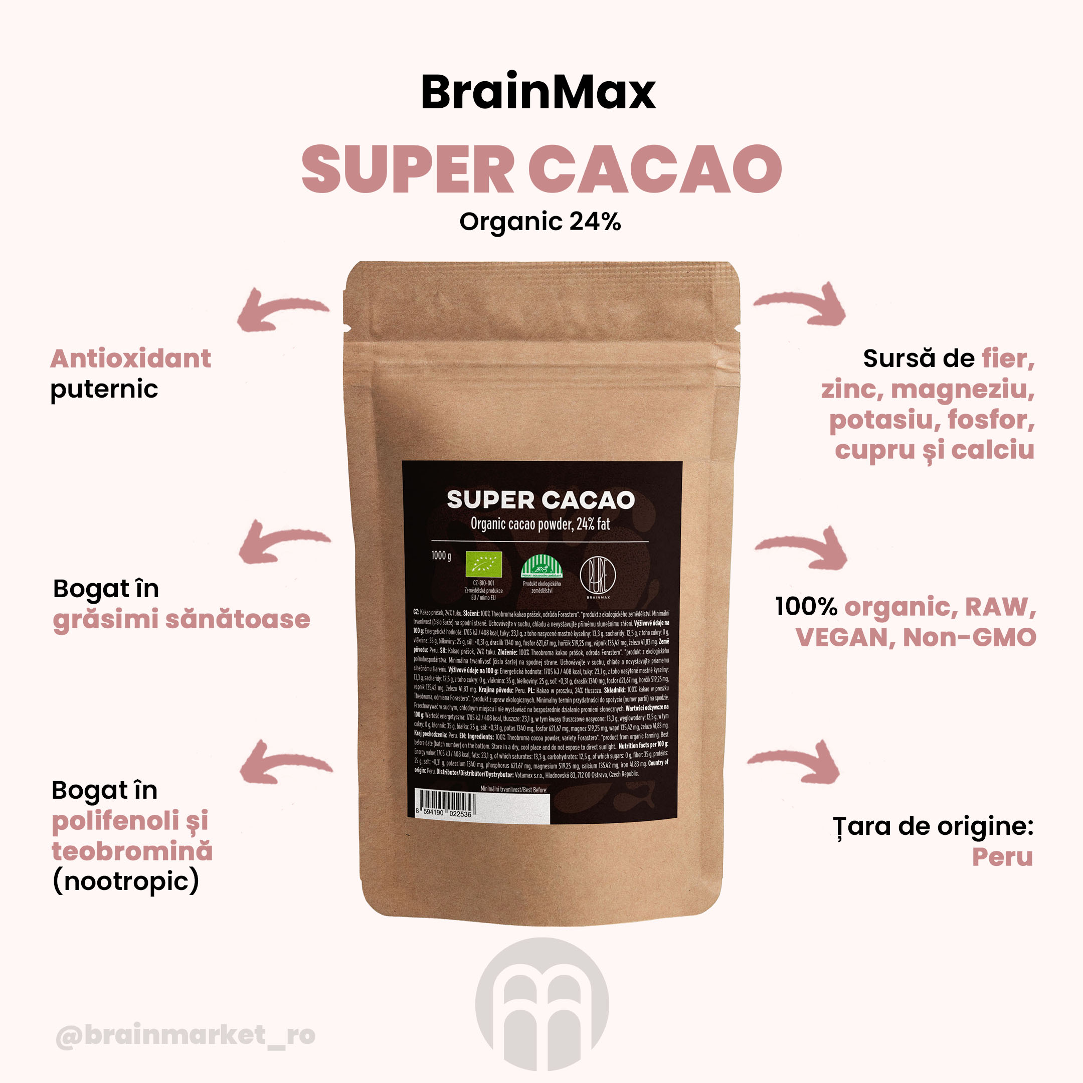 BrainMax Pure Organic 24 Super Cacao, cacao BIO, 500g - BrainMarket.cz