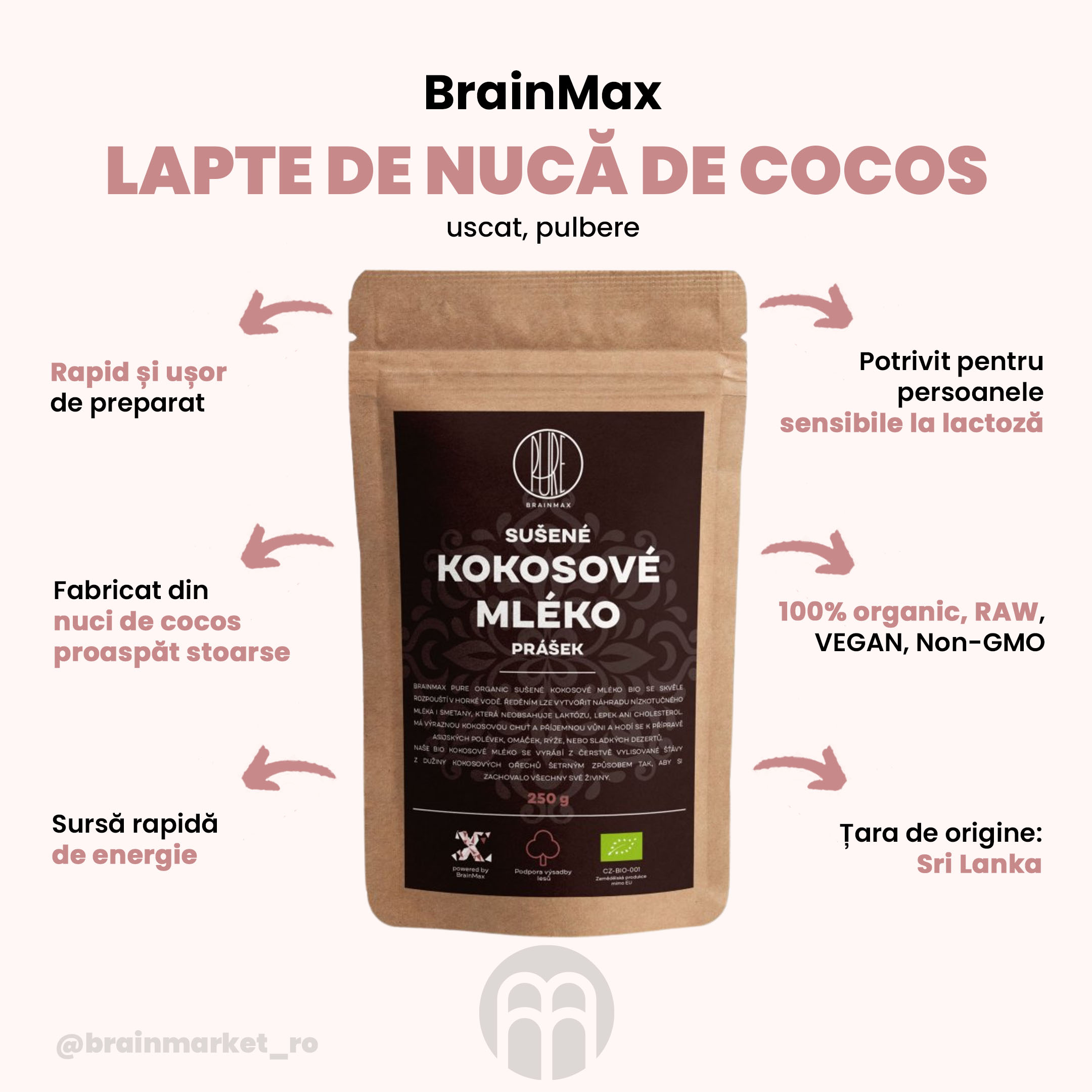 BrainMax Pure Lapte de cocos BIO praf, 250 g - BrainMarket.cz